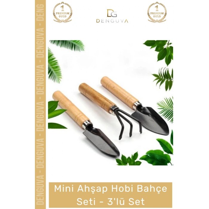 HobiSeti Mini Ahşap Saplı Paslanmaz Çelik El Aletleri Tırmık Kürek Takımı Hobi Bahçe Seti 3 Adet