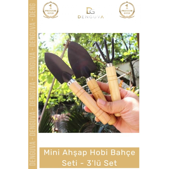 HobiSeti Mini Ahşap Saplı Paslanmaz Çelik El Aletleri Tırmık Kürek Takımı Hobi Bahçe Seti 3 Adet