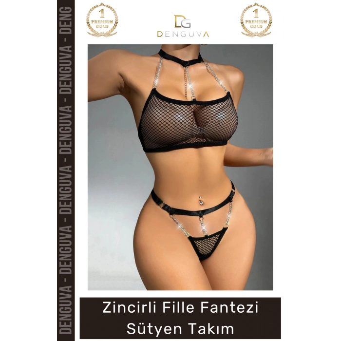 #FanteziSütyen Seksi Zarif Modern Tasarım Konforlu Esnek Şık Zincirli File Fantezi Sütyen Takım