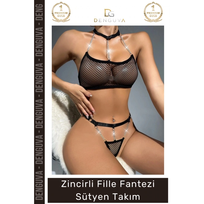 #FanteziSütyen Seksi Zarif Modern Tasarım Konforlu Esnek Şık Zincirli File Fantezi Sütyen Takım