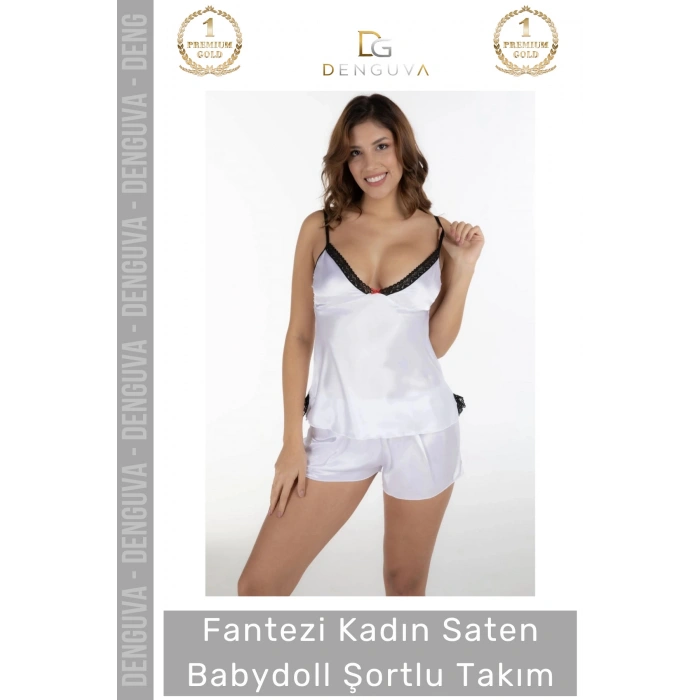 #Babydoll Beyaz Lüks İkili Takım Esnek Kaliteli Yumuşak Şık Ev Giyimi Saten Babydoll Şortlu Takım