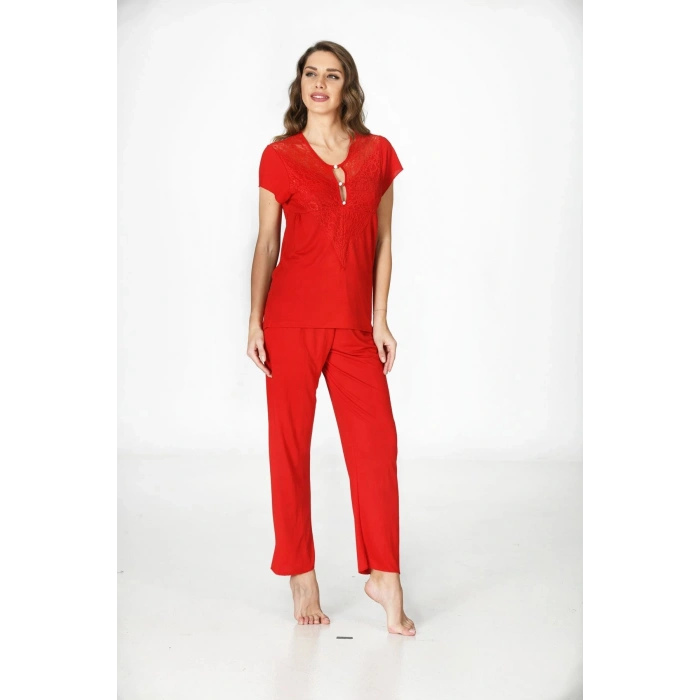 #Pijama Kaliteli Esnek Likralı Sağlıklı Rahat Modern Şık Kadın Ev Giyimi Kırmızı Penye Pijama Takımı