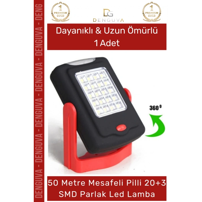 #LedLamba 20 SMD Beyaz Işık 50 Metre Menzil Askılı Pilli Kamp Avcı El Feneri Sert Plastik Parlak Led Lamba