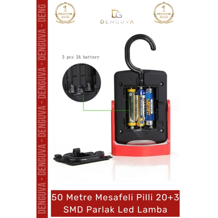 #LedLamba 20 SMD Beyaz Işık 50 Metre Menzil Askılı Pilli Kamp Avcı El Feneri Sert Plastik Parlak Led Lamba