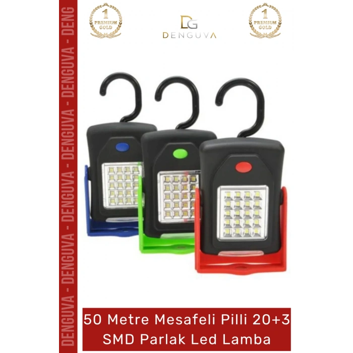 #LedLamba 20 SMD Beyaz Işık 50 Metre Menzil Askılı Pilli Kamp Avcı El Feneri Sert Plastik Parlak Led Lamba