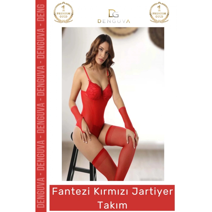 #JartiyerTakım Dantel Şifon Gecelik Eldiven Çorap Seti Şık Lüks Tasarım Fantezi Kırmızı Jartiyer Takım