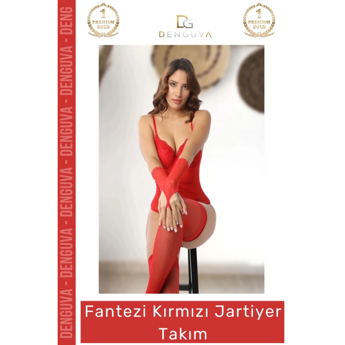 #JartiyerTakım Dantel Şifon Gecelik Eldiven Çorap Seti Şık Lüks Tasarım Fantezi Kırmızı Jartiyer Takım