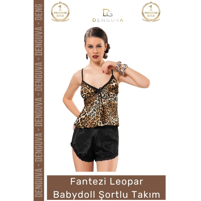 #Babydoll Şık Dantel Detaylı Kaliteli Rahat Kadın Gecelik Pijama Takımı Leopar Babydoll Şortlu Takım
