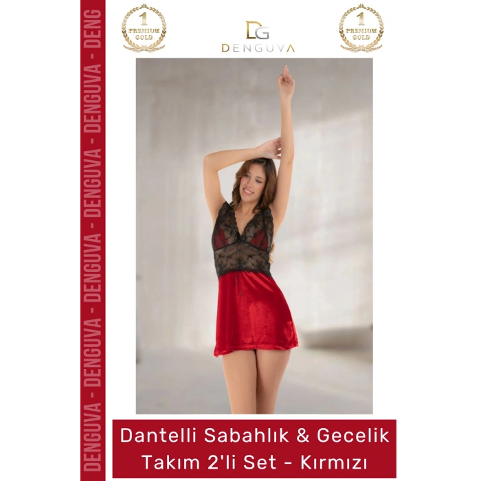 #Gecelik Kadife Kırmızı Dantelli Lüks Çeyizlik Şık Kalite Yeni Sabahlık Gecelik Takım 2li Set