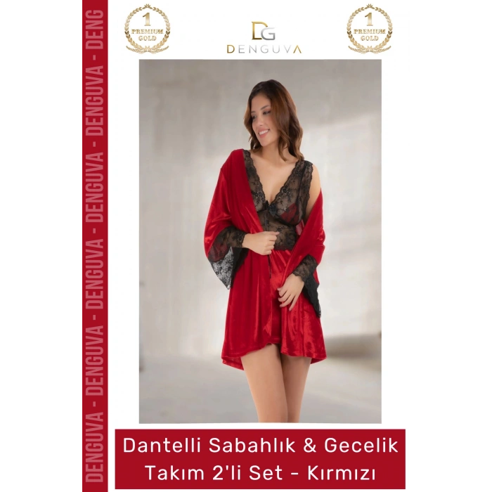 #Gecelik Kadife Kırmızı Dantelli Lüks Çeyizlik Şık Kalite Yeni Sabahlık Gecelik Takım 2li Set
