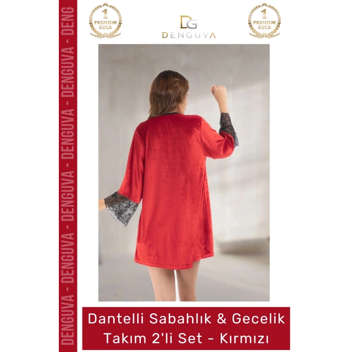#Gecelik Kadife Kırmızı Dantelli Lüks Çeyizlik Şık Kalite Yeni Sabahlık Gecelik Takım 2li Set