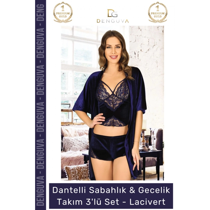 #Gecelik Kadife Lacivert Dantelli Şık Büstiyer Şortlu Çeyizlik Sabahlık Gecelik Takım 3lü Set