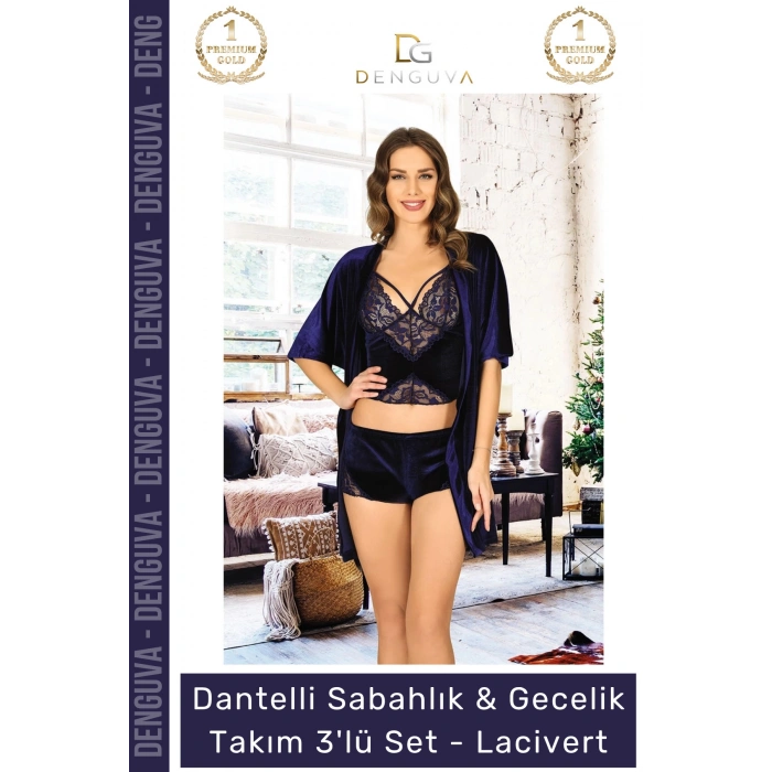 #Gecelik Kadife Lacivert Dantelli Şık Büstiyer Şortlu Çeyizlik Sabahlık Gecelik Takım 3lü Set
