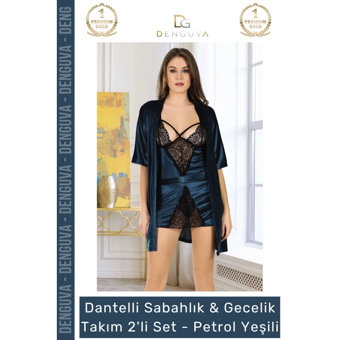 #Gecelik Dantelli Kadife Petrol Yeşili Lüks Çeyizlik Kaliteli Kadın Sabahlık Gecelik Takım 2li Set