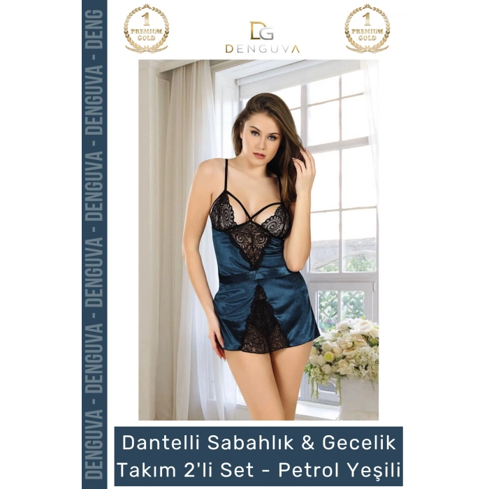 #Gecelik Dantelli Kadife Petrol Yeşili Lüks Çeyizlik Kaliteli Kadın Sabahlık Gecelik Takım 2li Set