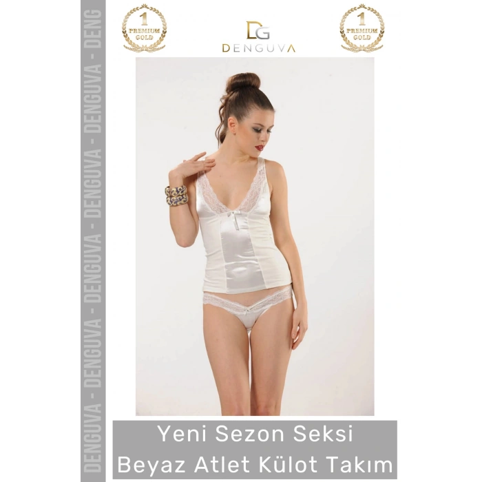 #İçÇamaşırı Saten Dantel Detaylı Yumuşak Penye Kumaş Şık Rahat Kaliteli Kadın Beyaz Atlet Külot Takım