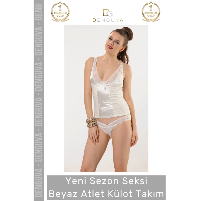 #İçÇamaşırı Saten Dantel Detaylı Yumuşak Penye Kumaş Şık Rahat Kaliteli Kadın Beyaz Atlet Külot Takım