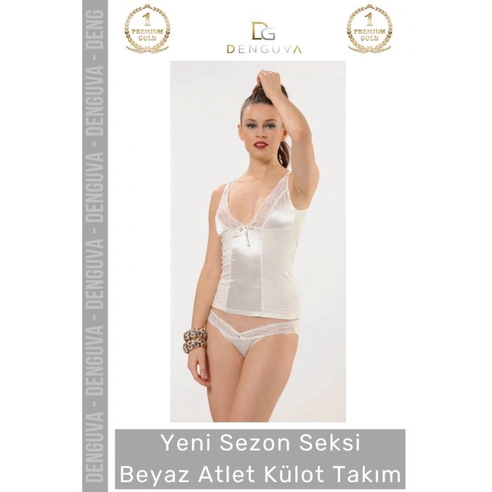 #İçÇamaşırı Saten Dantel Detaylı Yumuşak Penye Kumaş Şık Rahat Kaliteli Kadın Beyaz Atlet Külot Takım