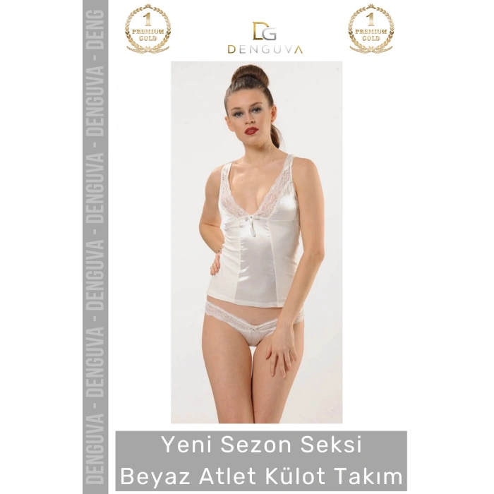 #İçÇamaşırı Saten Dantel Detaylı Yumuşak Penye Kumaş Şık Rahat Kaliteli Kadın Beyaz Atlet Külot Takım
