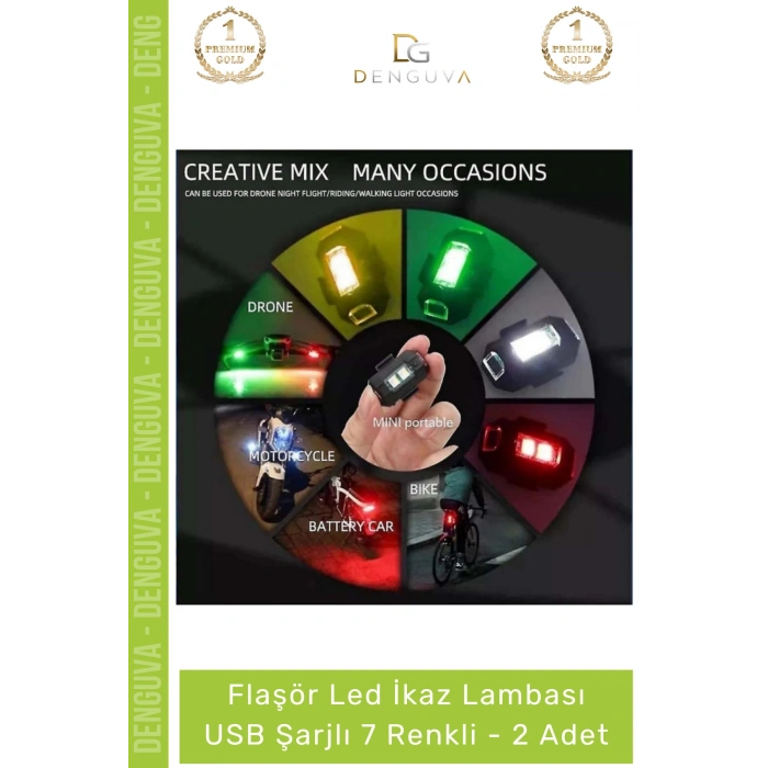 #BisikletLambası Flaşör Motosiklet Bisiklet Scooter Uyumlu USB Şarjlı Mini Taşınabilir Led İkaz Lambası 7 Renkli - 2 Adet