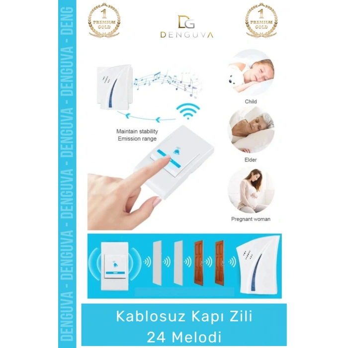 #KapıZili 100 Metre Menzilli Pratik Kolay Kurulum Kaliteli Pilli Şık 24 Melodi Kablosuz Kapı Zili