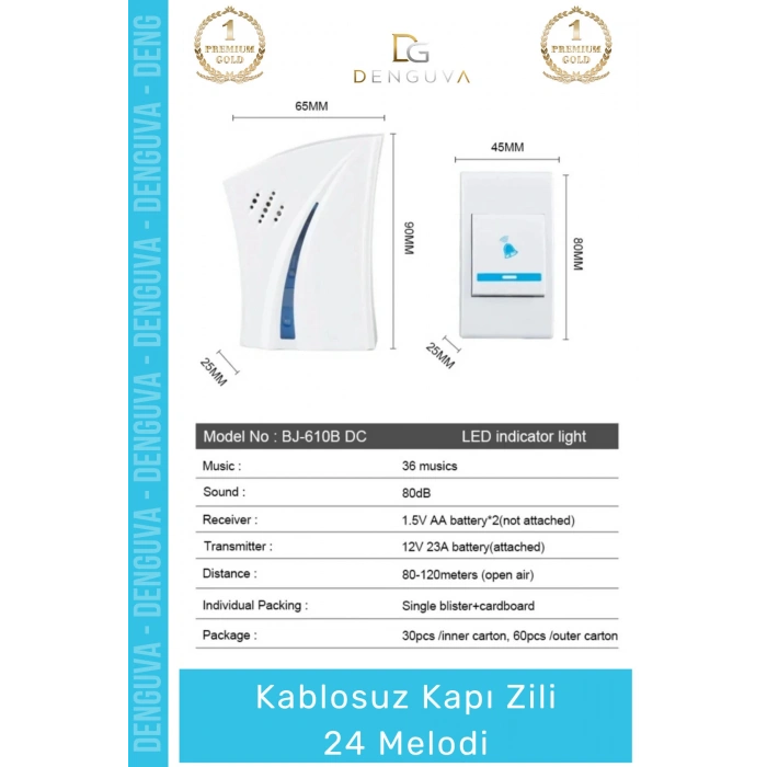#KapıZili 100 Metre Menzilli Pratik Kolay Kurulum Kaliteli Pilli Şık 24 Melodi Kablosuz Kapı Zili