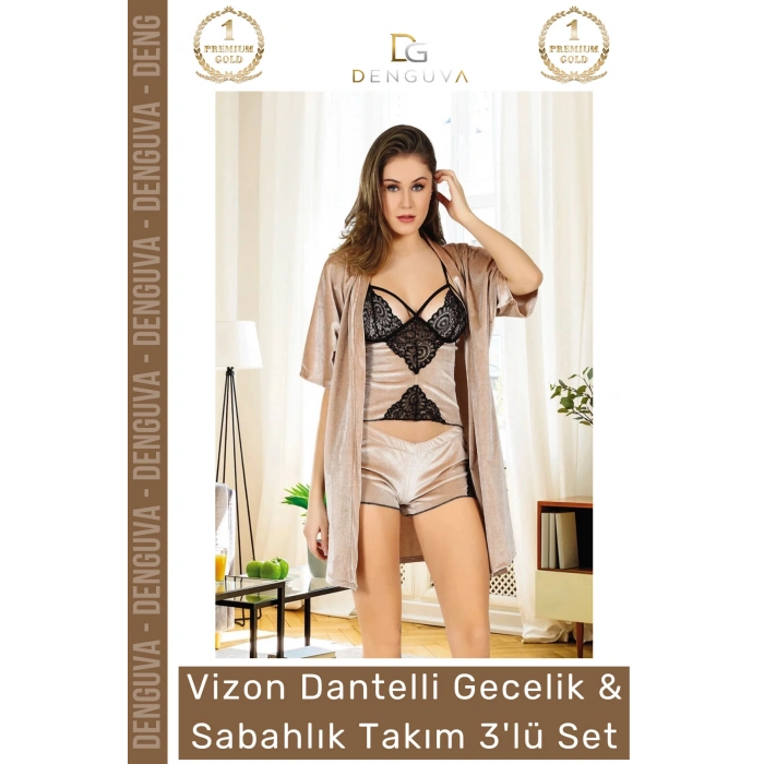 #Gecelik Dantelli Kadife Vizon Lüks Şık Büstiyer Şort Çeyizlik Sabahlık Gecelik Takım 3lü Set