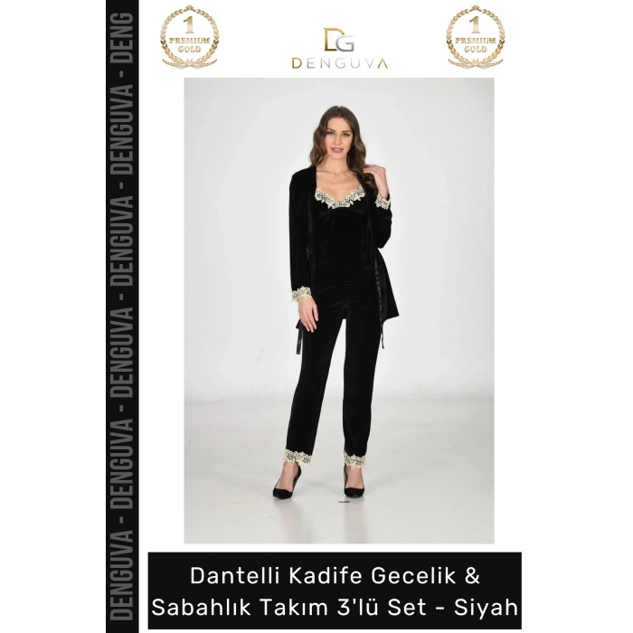 #Gecelik Kadife Siyah Lüks Esnek Likralı Şık Kadın Çeyizlik Sabahlık Gecelik Takım 3lü Set