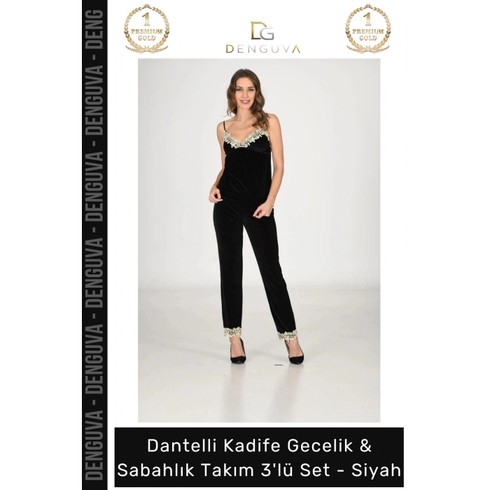 #Gecelik Kadife Siyah Lüks Esnek Likralı Şık Kadın Çeyizlik Sabahlık Gecelik Takım 3lü Set