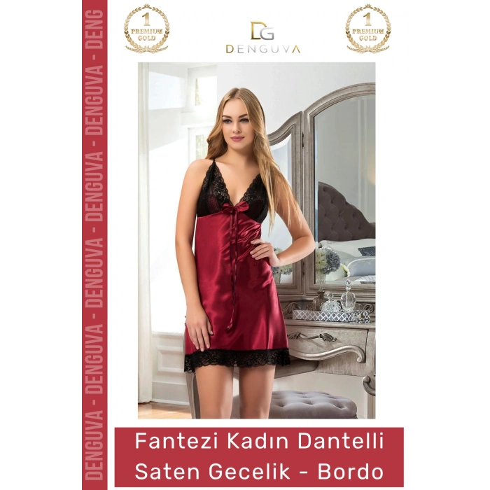 #Gecelik Kaliteli Kumaş Lüks Tasarım Çeyizlik Yumuşak Dokulu Rahat Bordo Dantelli Saten Gecelik