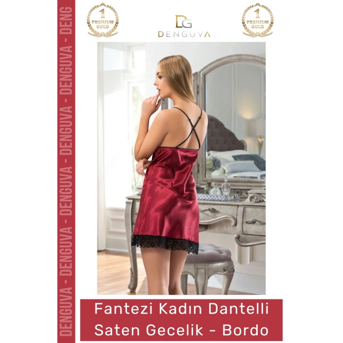 #Gecelik Kaliteli Kumaş Lüks Tasarım Çeyizlik Yumuşak Dokulu Rahat Bordo Dantelli Saten Gecelik