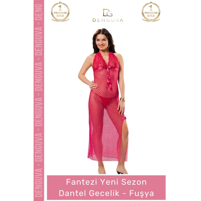 #Gecelik Fantezi Şık Şifon Kumaş Lüks Tasarım Kaliteli Takım Büyüleyici Fuşya Dantel Gecelik