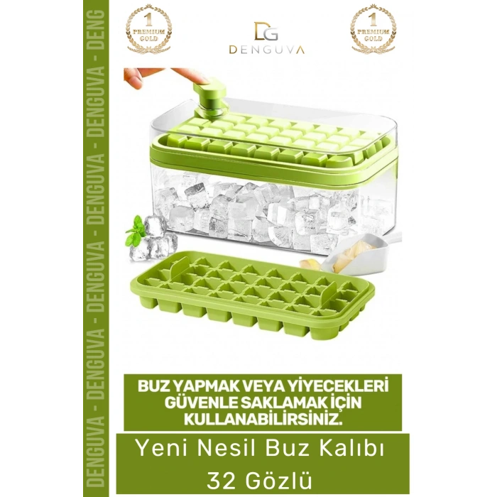 #BuzKalıbı Pratik Düğmeli Kapaklı Gı Sınıfı Mutfak Gereci 32 Yuvalı Buz Küpü Kalıbı Saklama Kutulu