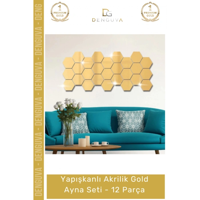 #GoldAyna Dekoratif Altıgen Modern Duvar Dekoru Tasarım Yapışkanlı Akrilik Gold Ayna Seti - 12 Adet