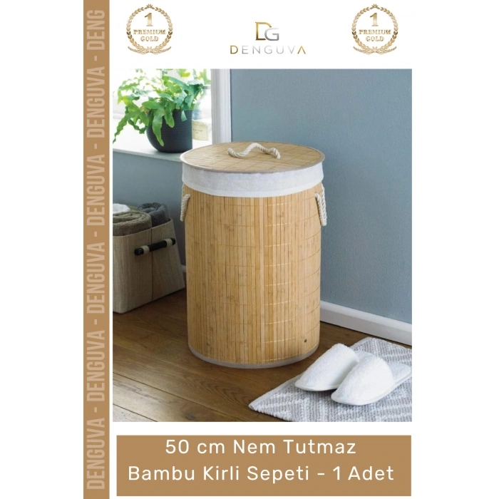 #KirliSepeti DecoHandy Yuvarlak Doğal Hijyenik Çamaşır Kutusu Banyo Şık Tasarım Bambu Kirli Sepeti - 1 Adet