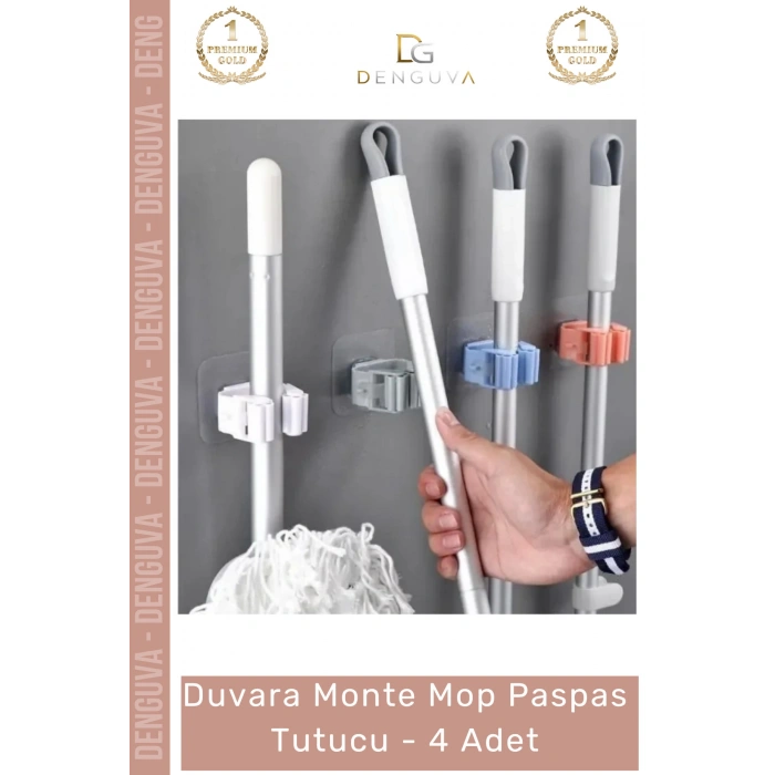 #Askı Yapışkanlı Süpürge Askısı Ev Düzenleyici Aparatı Duvara Monte Mop Paspas Tutucu - 4 Adet
