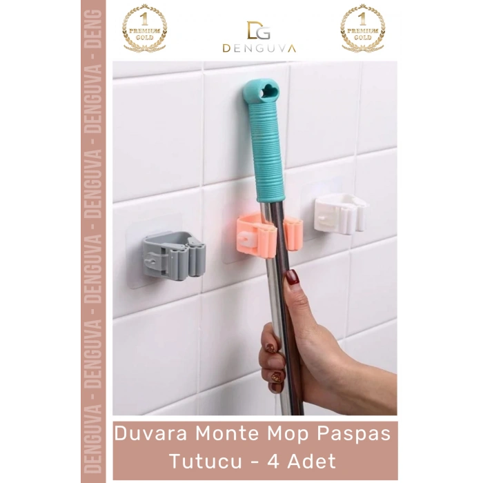 #Askı Yapışkanlı Süpürge Askısı Ev Düzenleyici Aparatı Duvara Monte Mop Paspas Tutucu - 4 Adet