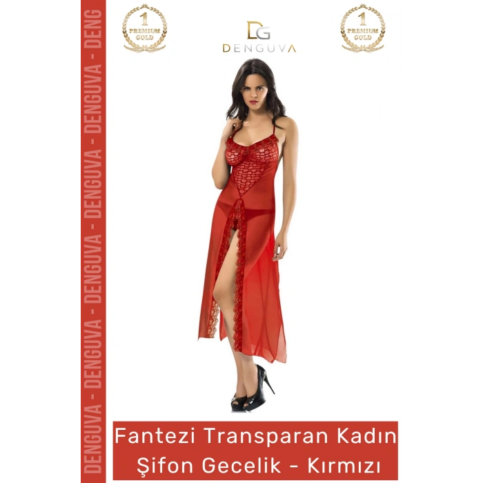 #FanteziGecelik Kaliteli Kumaş Fantezi Dantel Detaylı Şık Tanga Takımı Lüks Zarif Kırmızı Şifon Gecelik