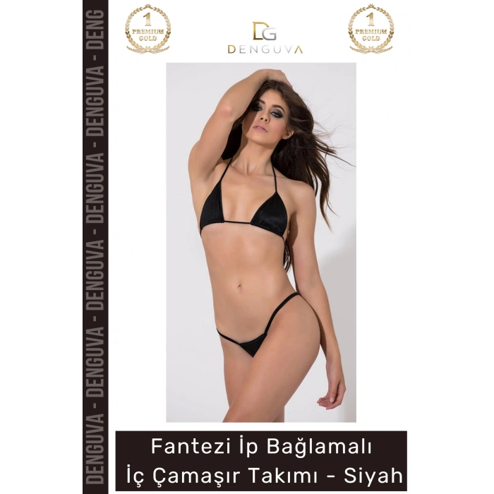 #FanteziÇamaşır Zarif Tasarım İp Bağlamalı Kaliteli Şık Gece Fantezi Dantelli Lüks Siyah İç Çamaşır Takımı