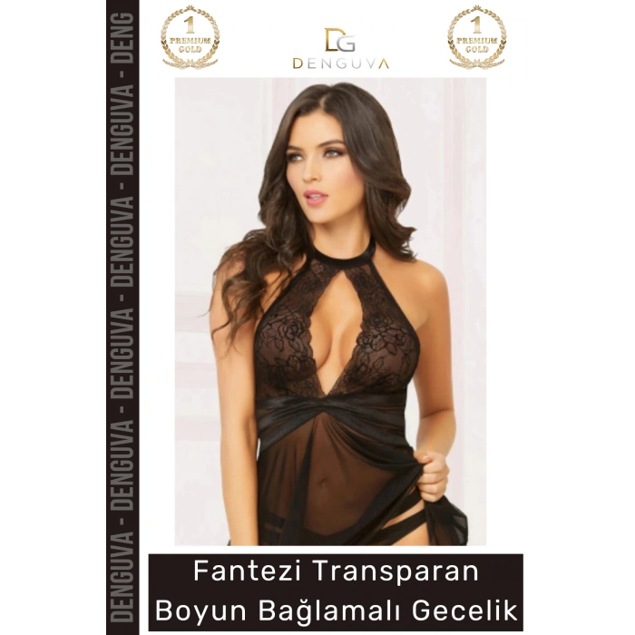 #FanteziGecelik Transparan Boyundan Bağlamalı Seksi Şık Cesur Tasarım Yerli Zarif Siyah Fantezi Gecelik