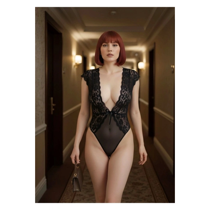 #FanteziBabydoll Siyah Modern Esnek Polyemid Vücut Saran Fit Toparlayıcı Şık Yarım Kol Dantel Bodysuit
