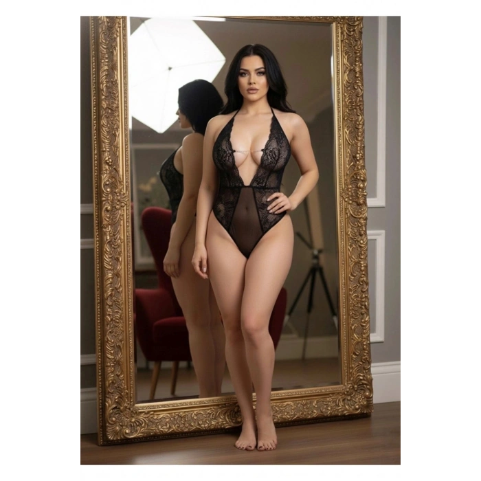 #FanteziBabydoll Şık Tasarım Dantelli Transparan Esnek Kristal Detaylı Kadın Gece Siyah Taşlı Bodysuit