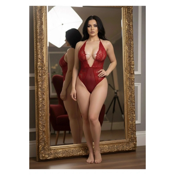 #FanteziBabydoll Kadın Transparan Dantel Detaylı Şık Esnek Tasarım Lüks Modern Giyim Kırmızı Taşlı Bodysuit