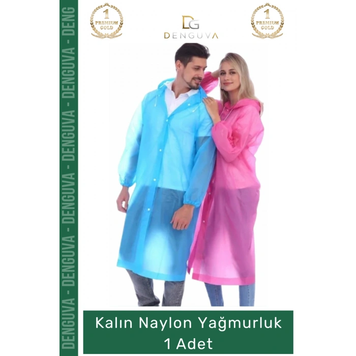 #Yağmurluk Su Geçirmez Mavi Çıtçıtlı Kapüşonlu Dayanıklı Kaliteli Uniseks Kalın Naylon Yağmurluk - 1 Adet