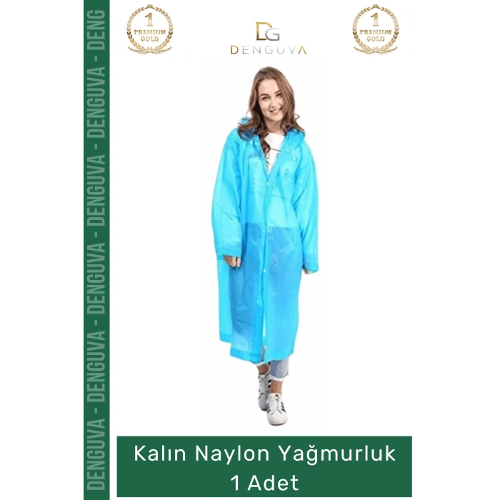 #Yağmurluk Su Geçirmez Mavi Çıtçıtlı Kapüşonlu Dayanıklı Kaliteli Uniseks Kalın Naylon Yağmurluk - 1 Adet