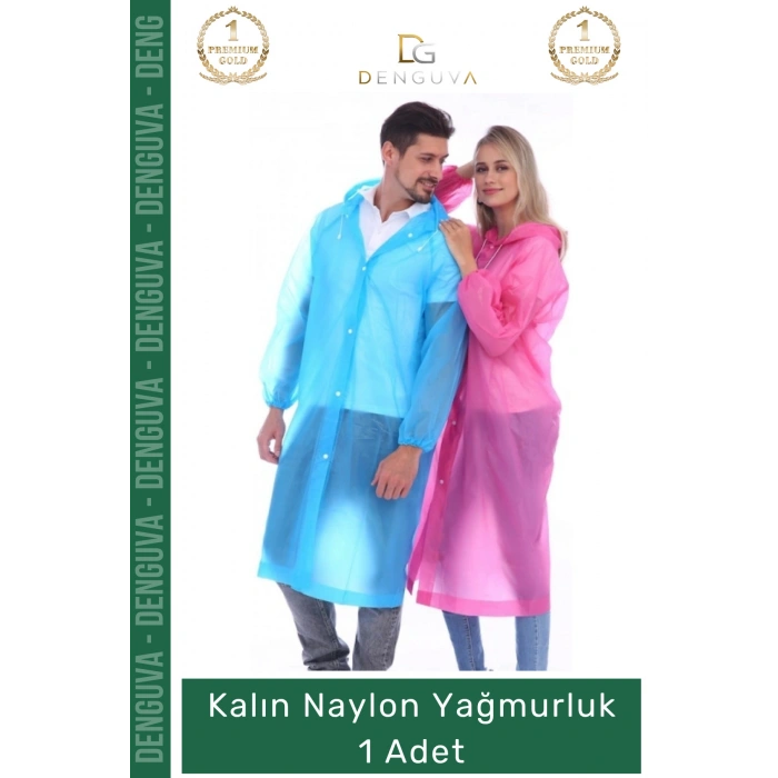 #Yağmurluk Su Geçirmez Mavi Çıtçıtlı Kapüşonlu Dayanıklı Kaliteli Uniseks Kalın Naylon Yağmurluk - 1 Adet