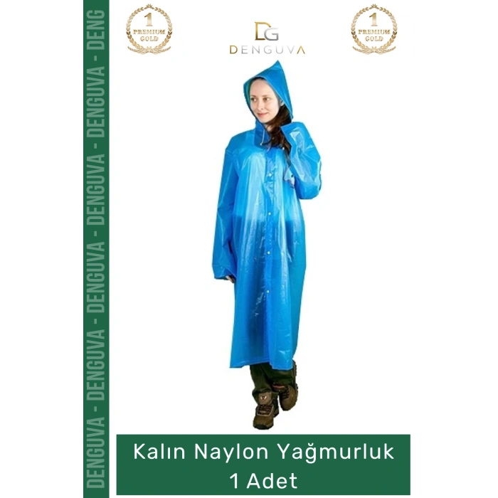 #Yağmurluk Su Geçirmez Mavi Çıtçıtlı Kapüşonlu Dayanıklı Kaliteli Uniseks Kalın Naylon Yağmurluk - 1 Adet
