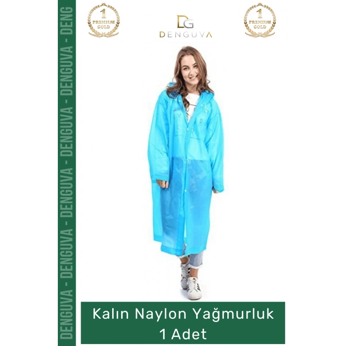 #Yağmurluk Su Geçirmez Mavi Çıtçıtlı Kapüşonlu Dayanıklı Kaliteli Uniseks Kalın Naylon Yağmurluk - 1 Adet