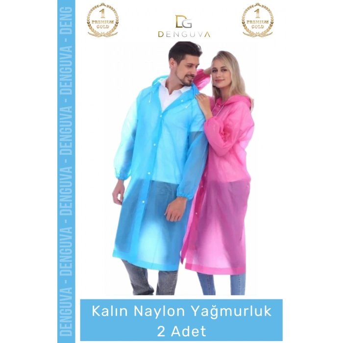 #Yağmurluk Su Geçirmez Mavi Çıtçıtlı Kapüşonlu Dayanıklı Kaliteli Uniseks Kalın Naylon Yağmurluk - 2 Adet