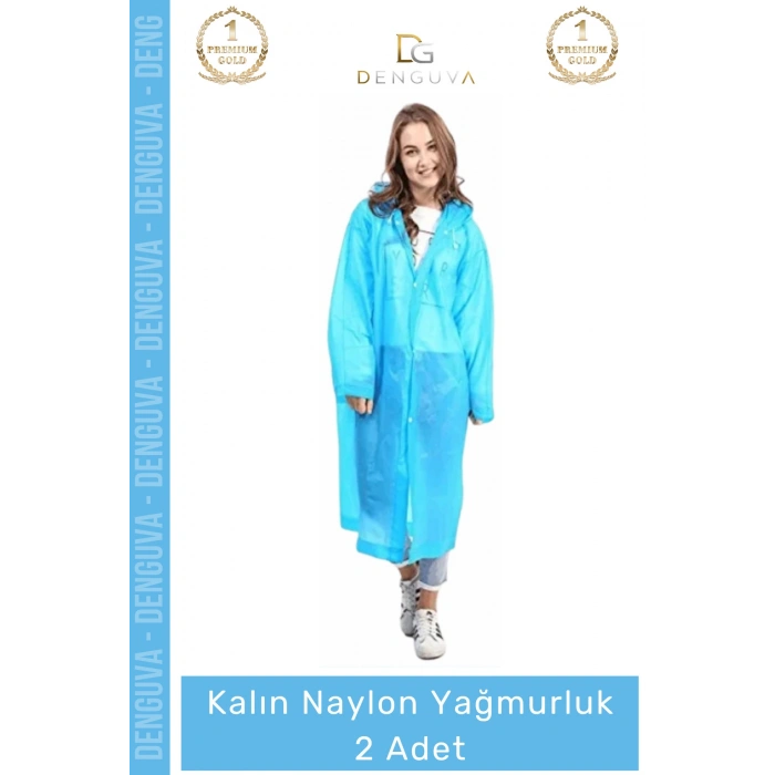 #Yağmurluk Su Geçirmez Mavi Çıtçıtlı Kapüşonlu Dayanıklı Kaliteli Uniseks Kalın Naylon Yağmurluk - 2 Adet